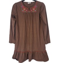 Hanna Anderson Dress 160 14/16 Girls Long Sleeve Brown Pullover Embroidered - $18.70