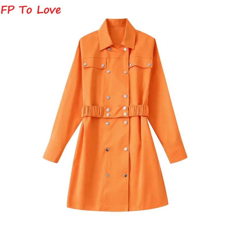 FP To Love Woman Orange Stud High Waist Trench Coat Double Breasted Long Sleeve  - £97.89 GBP