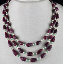 Natural Ruby Beads Carved Tear Drops 3 L 525 Cts Emerald Pearl Gemstone Necklace - £3,569.12 GBP