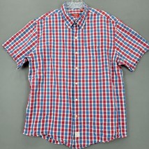 Izod Men Shirt Size L Red Preppy Patriotic Plaid Classic Short Sleeve Button Up - £9.86 GBP