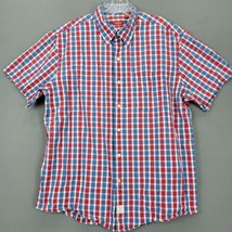 Izod Men Shirt Size L Red Preppy Patriotic Plaid Classic Short Sleeve Button Up - £10.05 GBP