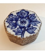 Vintage Porcelain Blue Flower Trinket Jewelry Box Octagon Mirror Silver ... - £19.65 GBP