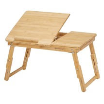 Laptop Desk, Folding Lap Tray, Bamboo Bed Desk With Tilting Top, Small Drawer, F - £53.77 GBP