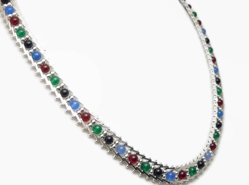 Sterling 17" Onyx Agate Carnelian Roma Riccio Necklace Black Red Green Blue - £67.15 GBP