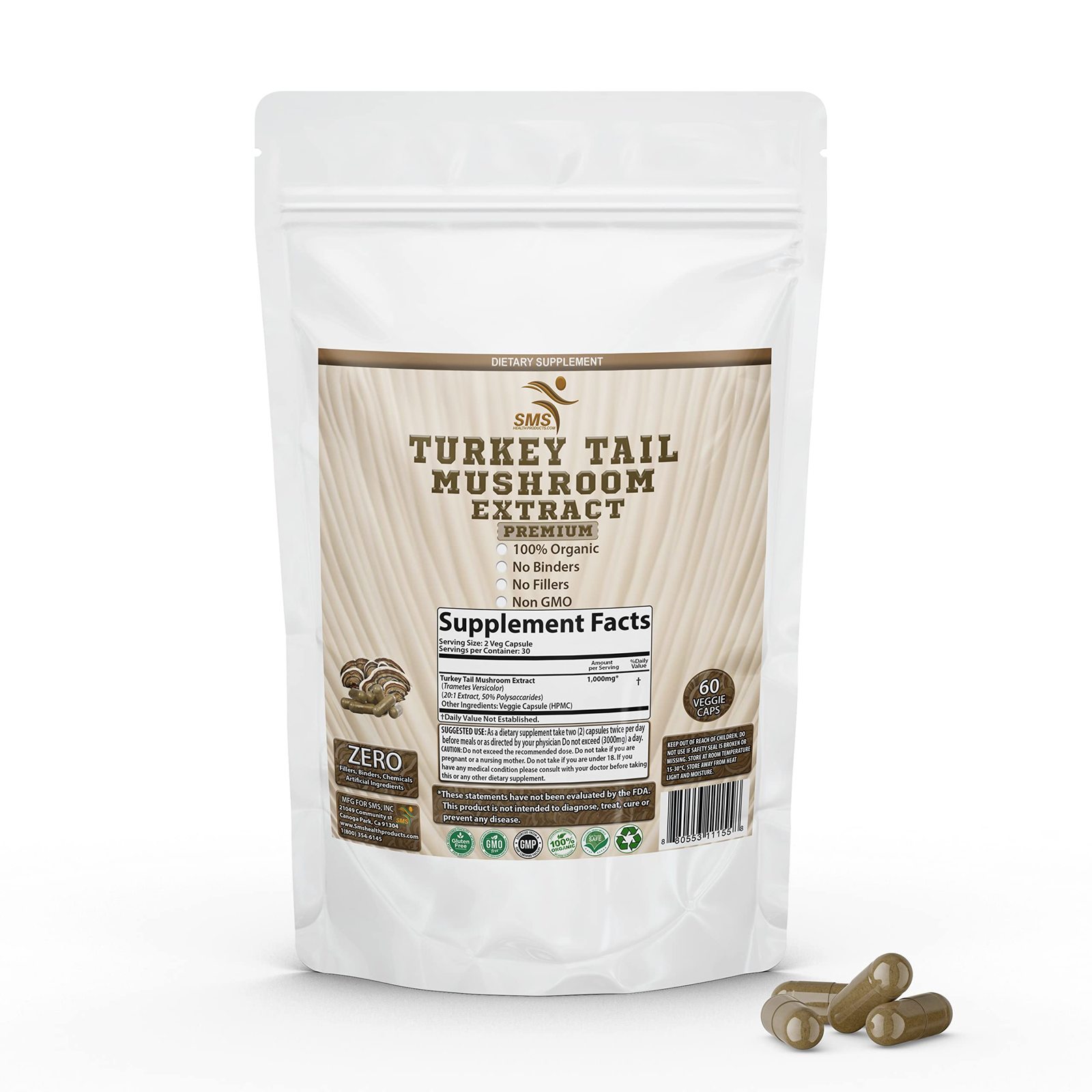 SMSHEALTHPRODUCTS.com Turkey Tail Mushroom Supplement Pills (Trametes Ve... - $16.85