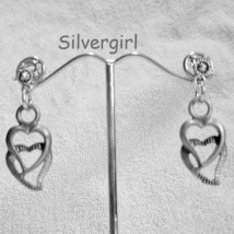 Dangling Pewter Silver Plate Crystal Earrings Double Hearts - £9.48 GBP