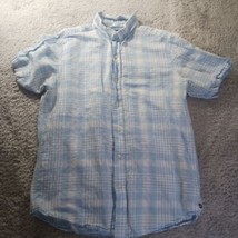 Chaps Plaid Short Sleeve Linen Cotton Button Down Casual Shirt Mens M Beach - $11.27