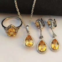 4Ct Pear Cut CZ Yellow Citrine Pendant/Ring/Earring Set 14K White Gold Finish - £155.86 GBP