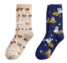 NEW Womens Sonoma Novelty Crew Socks Puppy Dogs Print 2 pairs blue &amp; kha... - £7.04 GBP