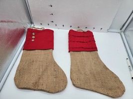 Burlap Christmas Stockings Red Top Rustic Farmhouse Decor  set of 2 - $19.95
