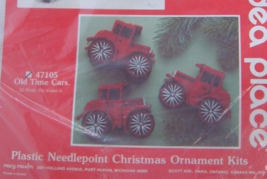 Vintage Christmas Needlepoint Kit Mary Maxim Old Time Car Ornaments plastic  - £23.80 GBP