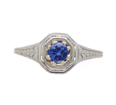 18k Gold .25ct Genuine Natural Sapphire Filigree Art Deco Ring Size 6.5 (#J6406) - £795.60 GBP