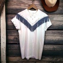Vintage 80&#39;s Western Glam Cowgirl Short Sleeve White Shirt Medium Fringe Retro - £18.49 GBP