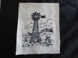Unused BLACKWORK WINDMILL EMBROIDERY on Linen  - 8&quot; x 10&quot; - $12.00