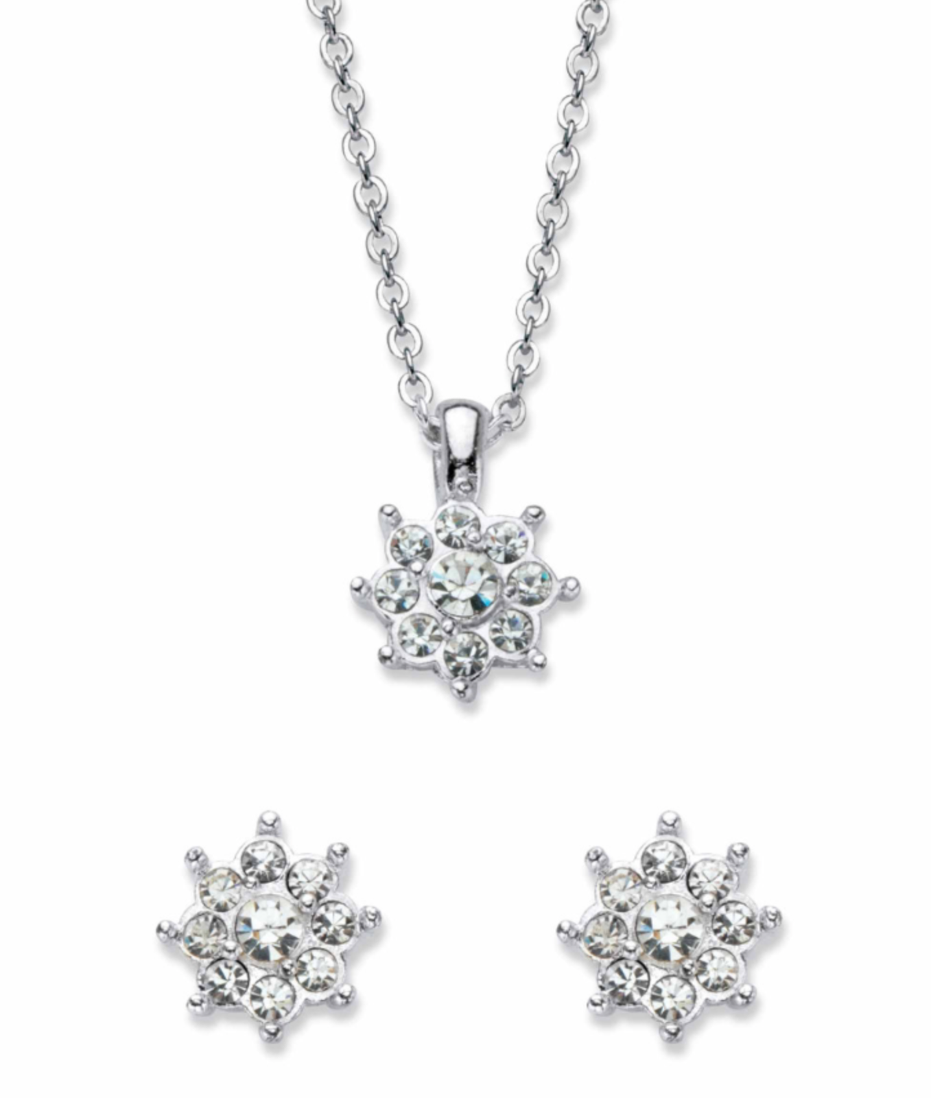 Primary image for ROUND CRYSTAL FLOWER STUD EARRING AND NECKLACE IN SILVERTONE