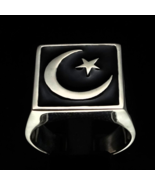 Sterling silver Flag ring Crescent Moon and Star symbol of Islam on Blac... - $110.00