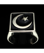 Sterling silver Flag ring Crescent Moon and Star symbol of Islam on Blac... - £88.14 GBP