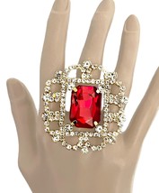 Red & Clear Crystals Adjustable Statement Cocktail Party Stage Ring - $16.63