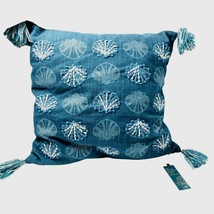 Hand Embroidered Pillow Sea Shell Design Blue White Tassels Zippered 17&quot;x 17&quot; - £29.11 GBP