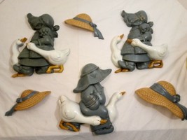 Vintage Set of 6 Burwood Boy/Girl Geese Straw Hats Wall Plaques Decor - £19.78 GBP