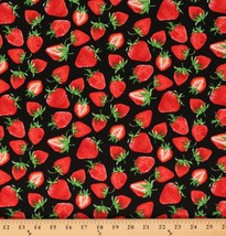 Cotton Strawberry Strawberries Fruit Food Black/Red Fabric Print by Yard D572.48 - $12.95