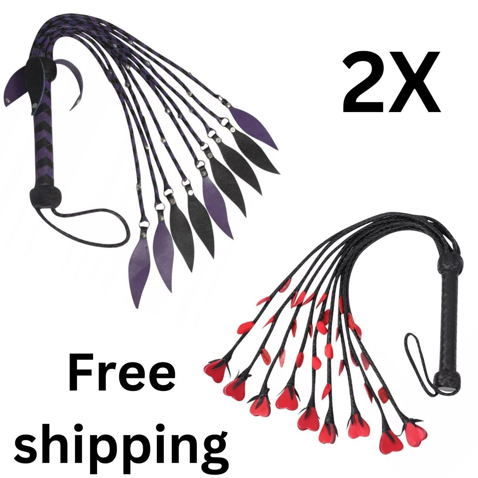 2X Whip Thick Leather Handle Flogger 09 Leaves Tails Thuddy impact Whip - $36.45