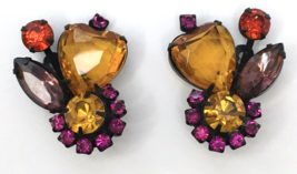 Vintage Japanned Bright &amp; Colorful Rhinestone Clip-On Earrings - £30.82 GBP