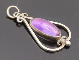 925 Sterling Silver Vintage Pendant Oval Cabochon Amethyst Heart Cutout  PT22465 - £24.51 GBP