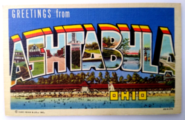 Greetings From Ashtabula Ohio Large Big Letter Linen Postcard Curt Teich Unused - £10.25 GBP