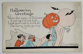Halloween Children Masks Boy with Pumpkin Head Ghost Bats Weaver Postcard S14 - £31.86 GBP
