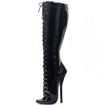 Extreme Shiny Black 7&quot; Ballet Lace up Play Boots Cosplay Fetish 5-15 - £165.38 GBP