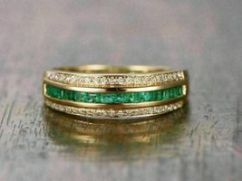 2.1Ct Princess Cut Green Emerald Eternity Wedding Band Ring 14K Yellow Gold Over - £89.56 GBP