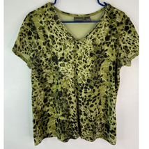 Additions by Chicos 2 Short Sleeve V Neck Cotton Tee Shirt Green Leopard Women L - £8.84 GBP