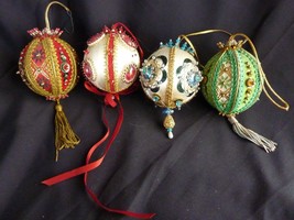 4 Vintage Handmade Christmas ORNAMENTS Satin Ball Sequin Beaded - $35.23