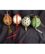 4 Vintage Handmade Christmas ORNAMENTS Satin Ball Sequin Beaded - $35.23