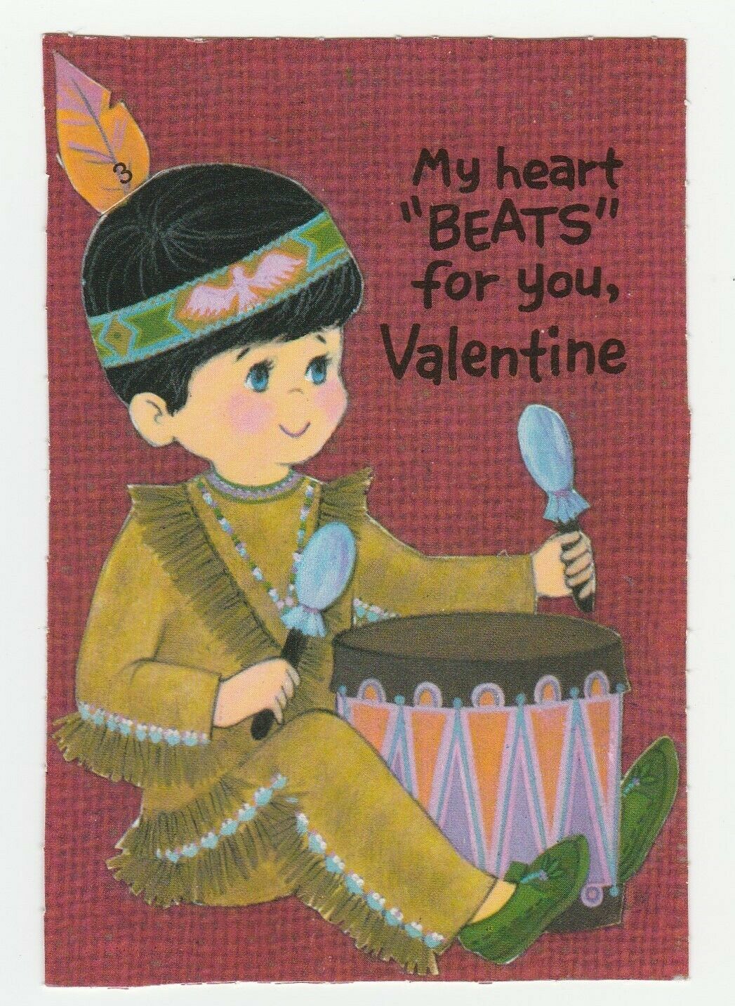 Vintage Valentine Card Boy in Native American Indian Costume Plays Drum - $7.91