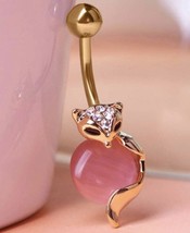 Yellow Gold Belly Bar with Pink Crystal &amp; Cubic Zirconia - Fox Belly Ring - £8.78 GBP
