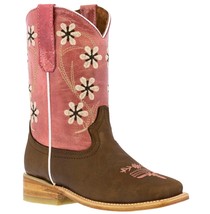Kids Western Boots Floral Embroidery Leather Pink Cowgirl Square Toe Botas - £43.95 GBP