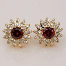 14K Yellow Gold Plated 2Ct Round Simulated Garnet Flower Stud Women&#39;s Earrings - £103.55 GBP