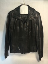 VINTAGE Jones New York Ladies Size M Black Leather Jacket Embroidered Collar - £33.09 GBP