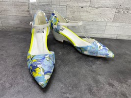 Bumper Heels Women 7M Dolly Shoes White Blue Canvas Floral Ankle Strap W... - $27.54
