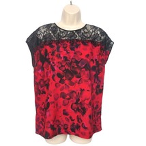 Kensie Women&#39;s Blouse Top Size Medium Red Black Floral Lace Summer Casual - £20.54 GBP