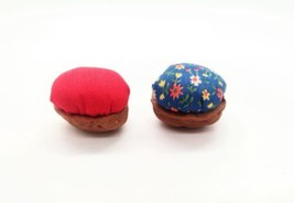 Pair Handmade Walnut Shell Pincushions Vintage Fabric Floral Red Unused - £7.13 GBP