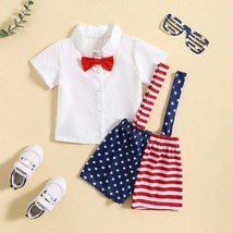 NEW 4th of July Patriotic Boys Bow Tie Shirt &amp; Suspender Shorts Outfit - £9.57 GBP