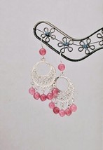 Handcrafted Strawberry Pink Quartz Gemstone Silver Chandelier Earrings - £9.26 GBP