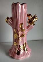 Pink Ceramic Tree Trunk 22K Gold Trim Squirrel &amp; Leaf Design Flower Bud Vase - £8.65 GBP