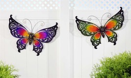 Butterfly Wall Plaques Set 2 with Wing Cut Outs Glass Iron Green Purple 27" Long image 2