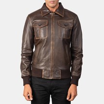 Aaron Brown Leather Bomber Jacket - £113.69 GBP