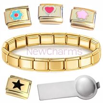 Gold Color Italian Charms Plus Starter Bracelet and Charm Tool Stainless... - $13.74