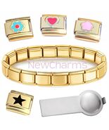 Gold Color Italian Charms Plus Starter Bracelet and Charm Tool Stainless... - $13.74